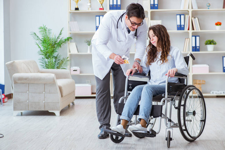 轮椅上的残疾病人定期检查医生