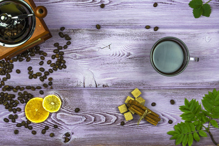 咖啡豆, 糖片, 柠檬和橙片, 咖啡杯照片