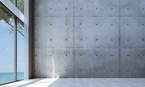 空客厅室内设计与混凝土墙体图案设计及海景背景照片