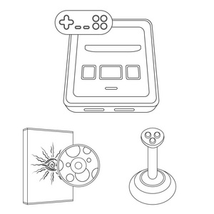 游戏控制台和虚拟现实轮廓图标集合中的设计。游戏小工具矢量符号股票网页插图
