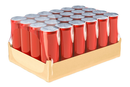 红色金属饮料罐在收缩膜, 3d 渲染