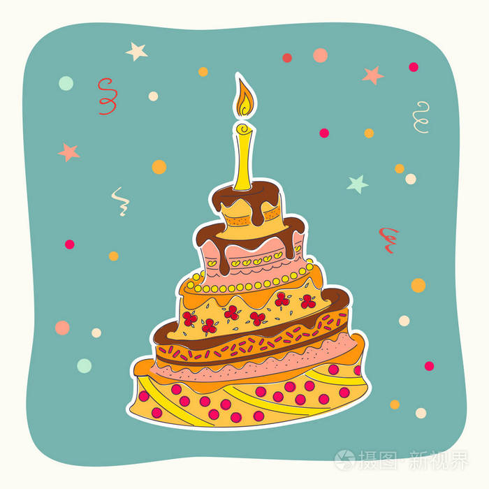 卡片与涂鸦五颜六色的生日蛋糕
