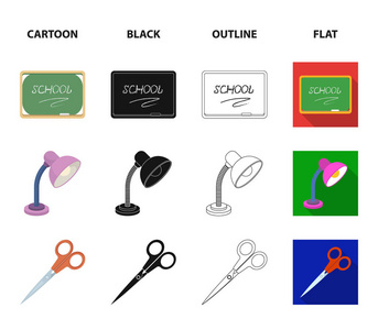 台灯, 剪刀, 闹钟, 计算器。学校和教育集合图标在卡通, 黑色, 轮廓, 平面风格矢量符号股票插画网站