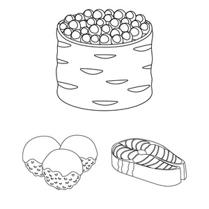 寿司和调味料轮廓图标集合中的设计。海鲜食品, 辅助向量符号股票网站插图