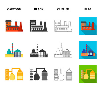 工业生产。工厂集合图标在卡通, 黑色, 轮廓, 平面风格矢量符号股票插画网站