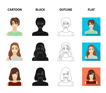 类型的女性发型卡通, 黑色, 轮廓, 平面图标在集集合为设计。妇女的出现矢量符号股票 web 插图
