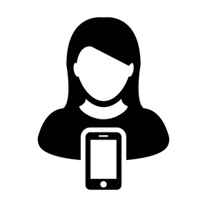 移动用户图标矢量女性人物头像与智能手机符号在字形通信照片