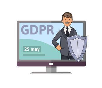 Gdpr 启动日期。微笑的人与盾牌站在电脑显示器。数据维护者。概念向量例证。平坦的风格。在白色背景上被隔离