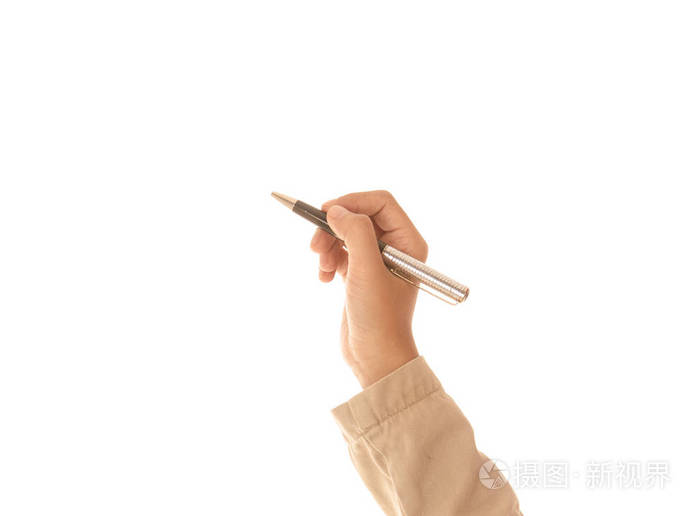 手中拿着一支笔,在白色背景上孤立的女性