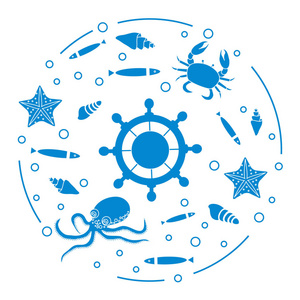 轮子, 鱼, 贝壳, 海星, 螃蟹, 章鱼