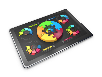 创意多彩的3d 插图饼图上的平板, 商业概念