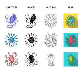 不同类型的微生物和病毒。病毒和细菌集合图标在卡通, 黑色, 轮廓, 平面风格矢量符号股票插画网站