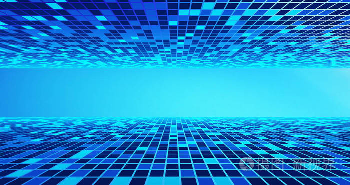 虚拟空间现实空间的蓝色背景技术概念, 3d 插图