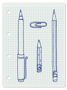 文具套装手绘矢量涂鸦插图。新旧铅笔, 钢笔和剪辑收集在蓝色轮廓的平方笔记本电脑表