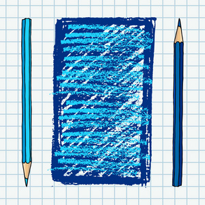 手绘矢量涂鸦插图空白框。蓝色铅笔和笔触艺术边框的平方笔记本页面