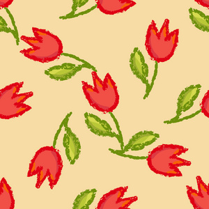 矢量花手画无缝图案。郁金香红色花和 gren 叶子在复古褐色背景下