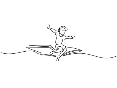 小男孩在天上的书上飞翔.矢量插图.连续线图.