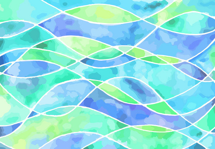 抽象淡蓝色和绿色波浪矢量水彩画。艺术纹理柔和的水平背景