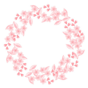 圆形框架, 开花樱桃枝。白色粉红色贺卡模板。为婚礼请柬设计艺术品, 家居装饰, 服装