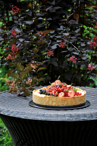 在一个绿色的花园中的自然水果馅饼与草莓和其他浆果。在编织的桌上