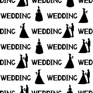 无缝图案与剪影新娘和新郎, 字婚礼上的白色背景。矢量插图