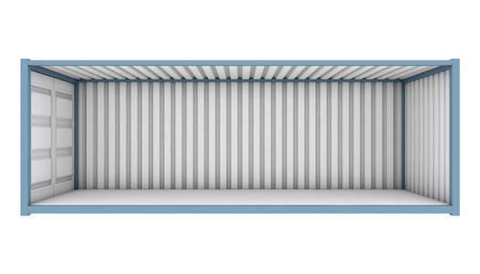 一个蓝色的运输集装箱与整个侧面面板删除揭示一个空的内部在一个孤立的白色背景3d 渲染