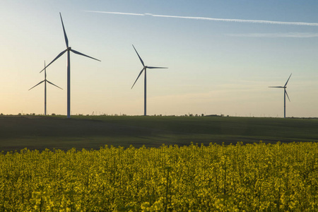 风能涡轮机在日落的天空背景下, 能量发生器自然友好。黄色菜籽油字段