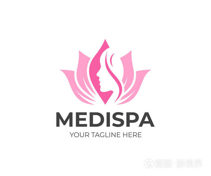 医疗水疗沙龙徽标模板.美容护理矢量设计.莲花和女人的脸标识