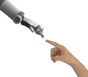 人类手和机器人的手指向彼此隔绝在白色背景, 人工智能在未来技术概念, 3d 例证
