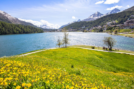 美丽的高山全景视图圣莫里茨和圣莫里茨湖, 瑞士