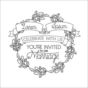 婚礼和结婚邀请与花圈和丝带