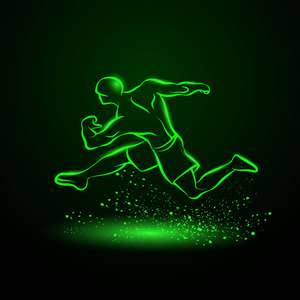 强壮的赛跑者。跑步运动员的绿色霓虹灯线性剪影