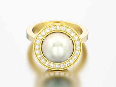 3d 例证金金刚石订婚结婚戒指与珍珠在灰色背景上