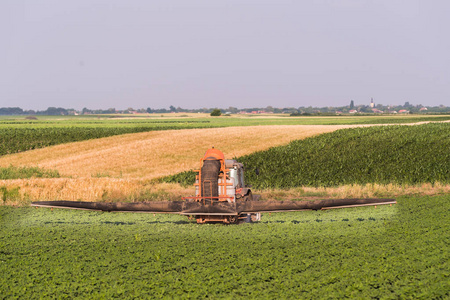 拖拉机在春天在大豆田用喷雾器喷洒农药照片
