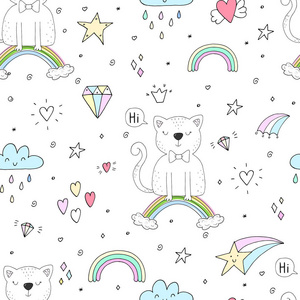 手与可爱的猫咪在彩虹上绘制无缝模式 涂鸦插图为孩子 矢量打印