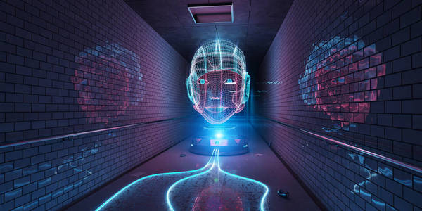 蓝色和粉红色的机器人全息图观看地铁内部3d 渲染照片