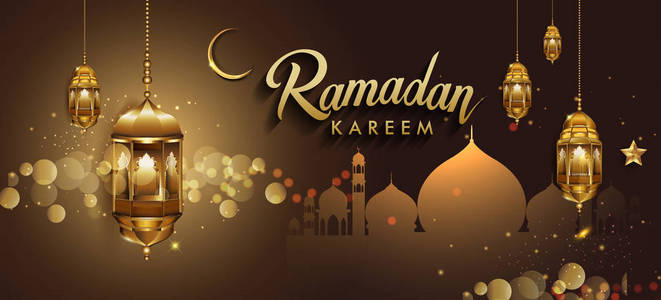 斋月设计模板与斋月的文本和黄金元素, 矢量插图照片