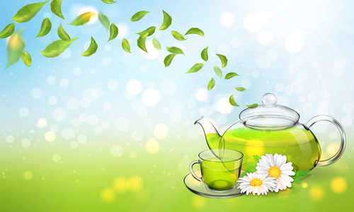 采购菊花茶的小册子与透明的玻璃茶壶和一个杯子.矢量插画, 3d照片