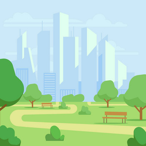 卡通公共城市公园与摩天大楼城市景观矢量插画照片