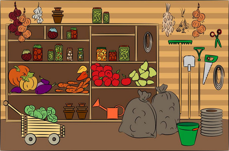 菜池堵塞带水果和蔬菜的储藏室照片