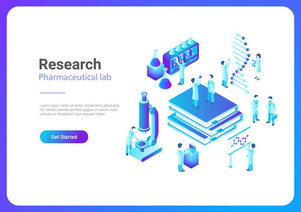 等距平板研究制药实验室矢量图。科学家在实验室中使用显微镜试管 Dna