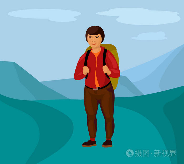 女性徒步旅行者在山卡通例证插画-正版商用图片0ujmvq-摄图新视界