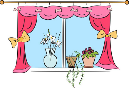 窗台上有粉红色窗帘和植物的窗户