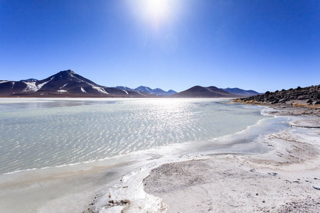 丽港海岸景观, 玻利维亚。美丽的玻利维亚全景。白色泻湖和 Licancabur 