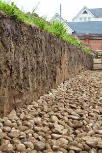 在基坑开挖下挖沟底部的切土和碎石的关闭视图照片