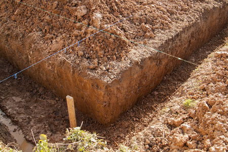 在地基下用手挖的沟槽的角度, 或铺设排水线和从绳中抽出的线条以使其平整。