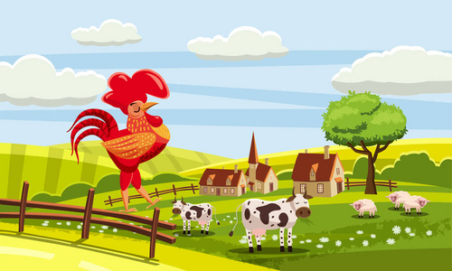 乡村可爱的农场观, 牛, 羊, 公鸡坐在围栏上, 矢量, 插图, 孤立, 卡通风格