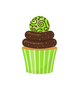 用圆绿色糖果装饰的巧克力蛋糕。在白色背景下被隔离。矢量插图