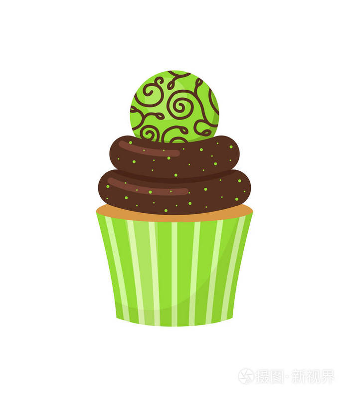 用圆绿色糖果装饰的巧克力蛋糕.在白色背景下被隔离.矢量插图