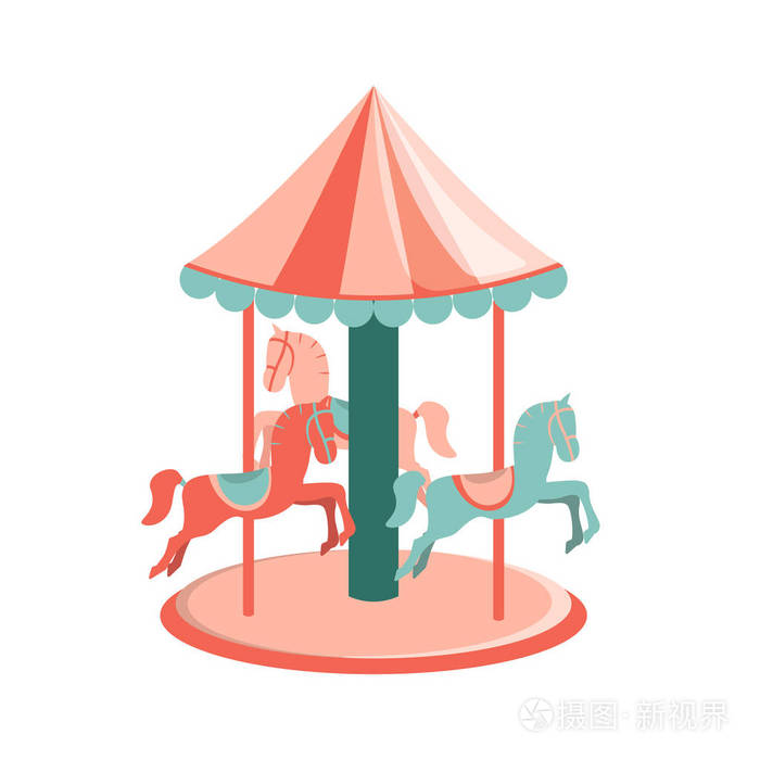 带马图标的卡通旋转木马.孤立向量插图
